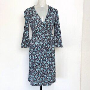 VDiane von Furstenberg 100% silk Wrap Dress Blue Geometric Dress Designer 6